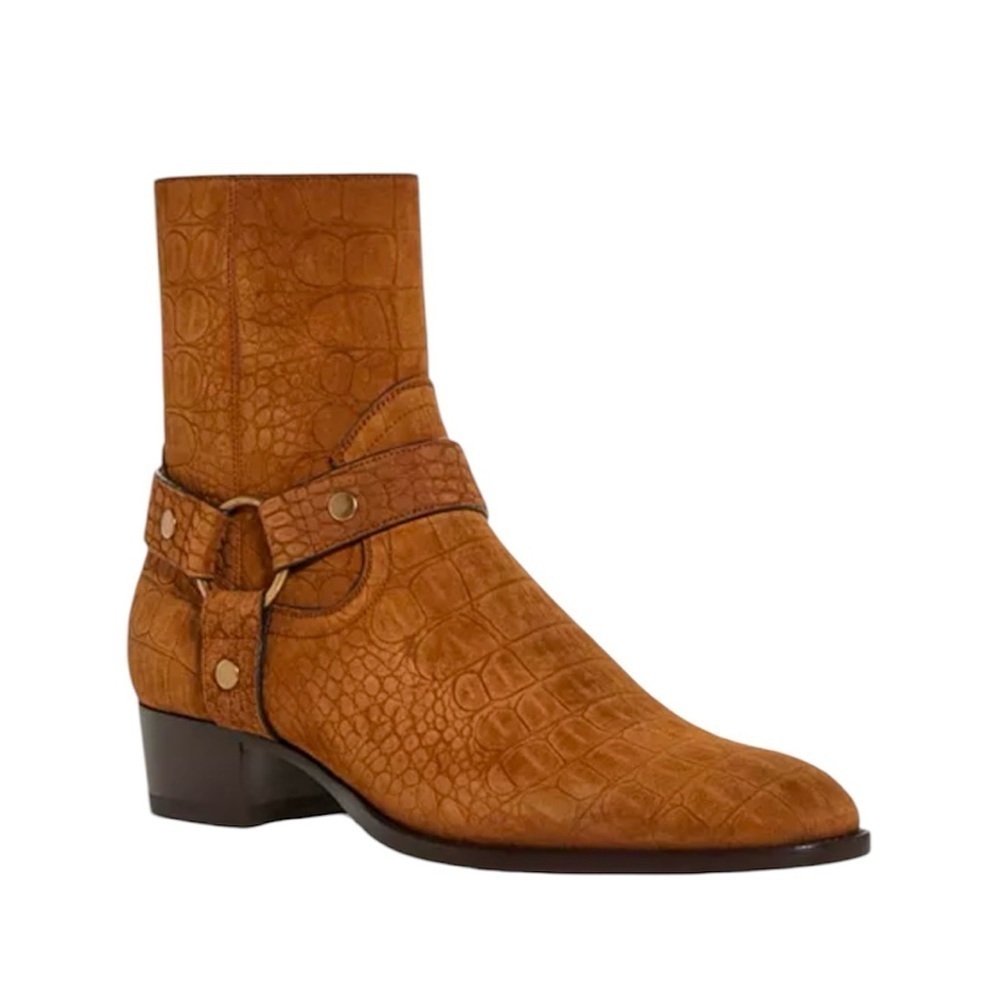 Saint Laurent Men's Wyatt Croc Embossed Harness Boots